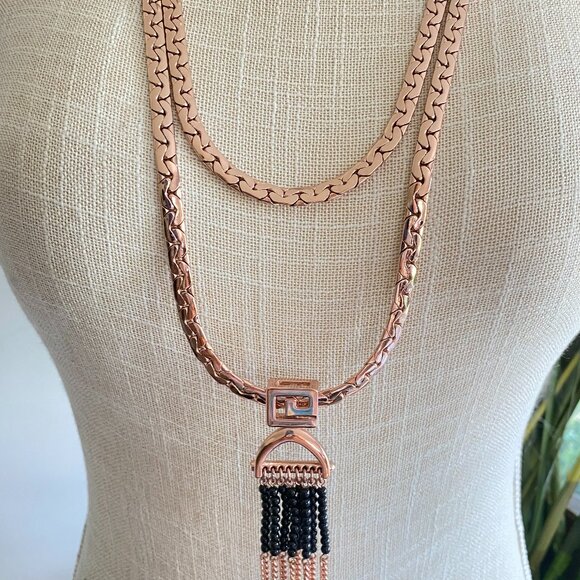 FAC Rose Gold Tone Layered Tassel Sweater Necklace NWT - Picture 2 of 10